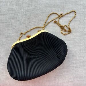 La Regale Satin Black Clutch Crossbody Pleated Handbag Gold Tone Chain Strap